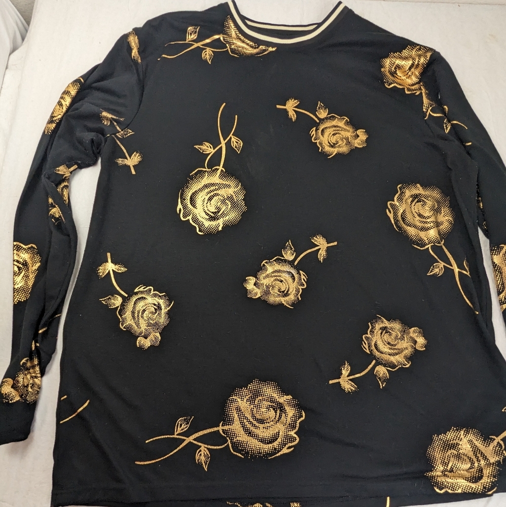 Drill Clothing Company Long Sleeve Sweater Black with Gold Metallic Roses XL